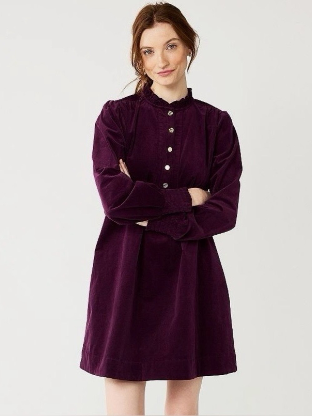 Draper James RSVP Long Sleeve Ruffle Aubergine Corduroy A-Line Dress XXL